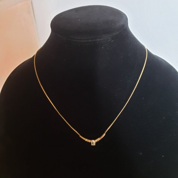 NECKLACE Gold Tone With 4 Small Clear & 1 Center Sky Blue Rhinestones 19” - Picture 10 of 16